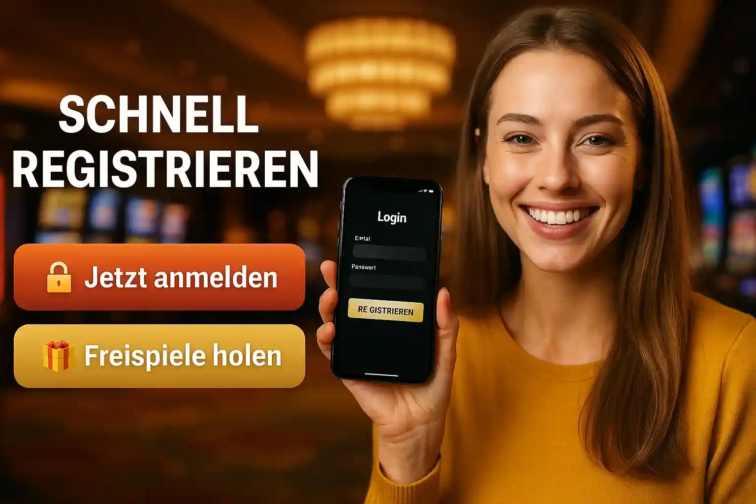 Blonde Frau mit Smartphone zeigt Registrierungs-Interface und Freispiele holen Angebot bei BassBet