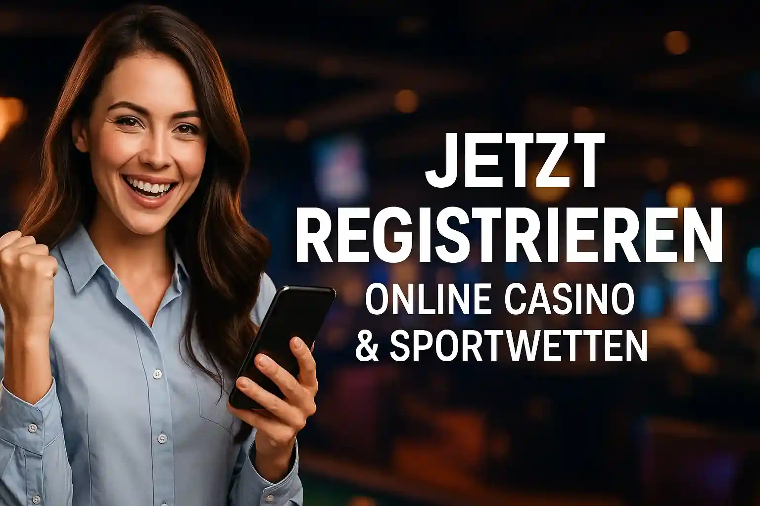 Erfolgreiche Frau mit Smartphone feiert Registrierung für Online Casino und Sportwetten bei BassBet