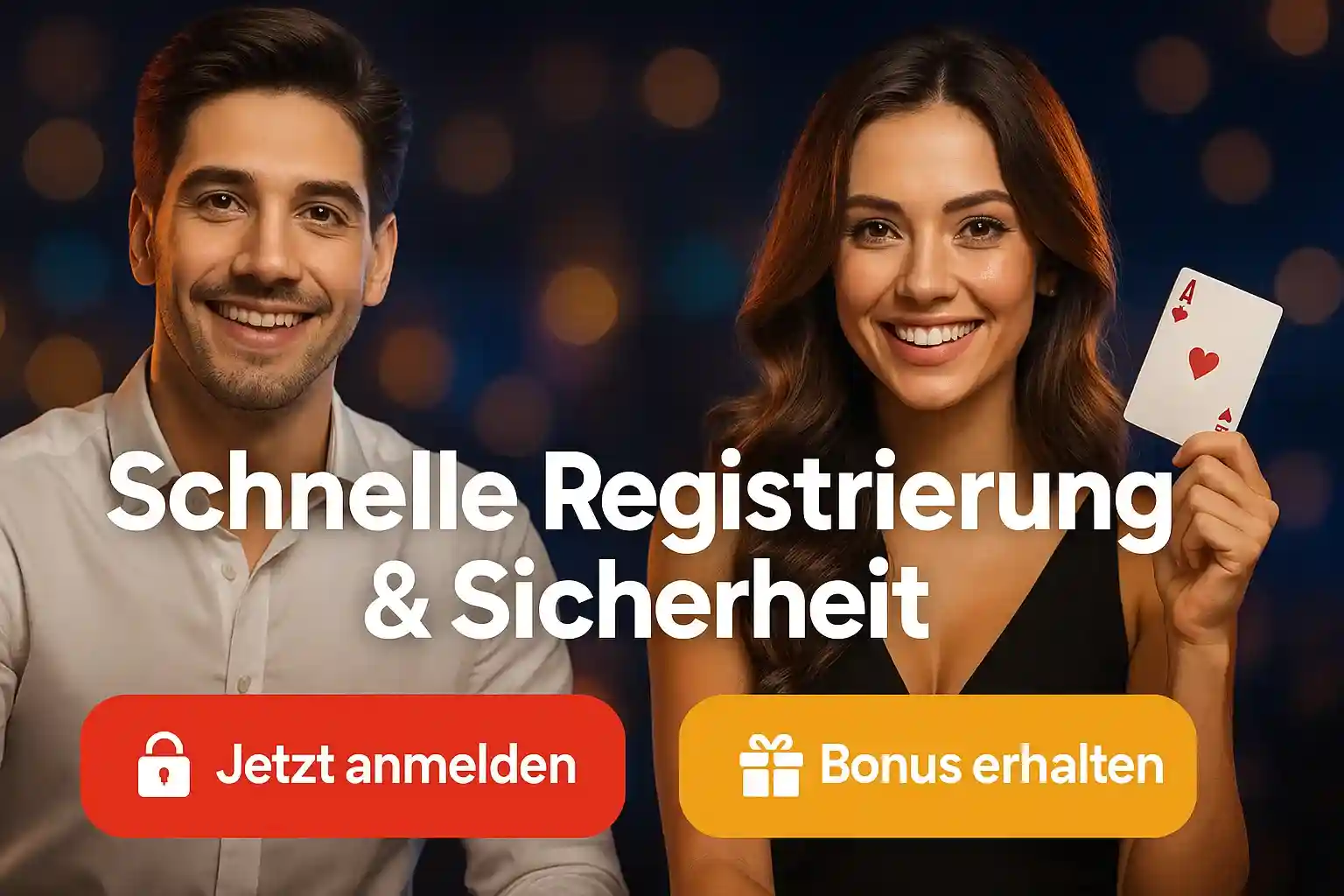 Lächelndes Paar mit Herz-Ass Karte bewirbt schnelle Registrierung und Sicherheit bei BassBet