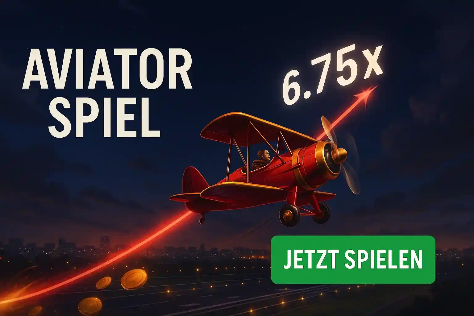 Aviator Spiel mit rotem Doppeldecker-Flugzeug zeigt 6.75x Multiplikator und Jetzt spielen Button bei BassBet