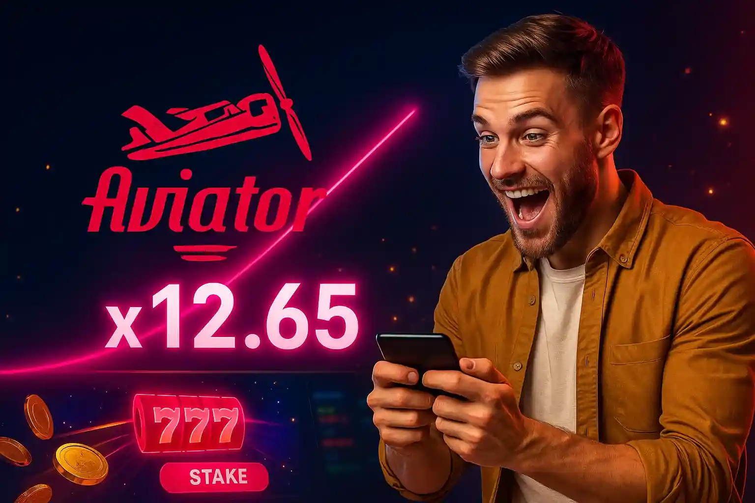 Glücklicher Mann spielt Aviator auf Smartphone mit x12.65 Gewinn und 777 Slot-Symbolen bei BassBet