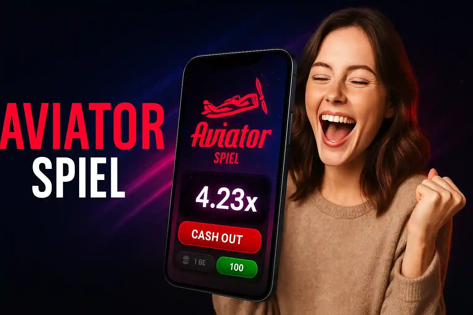 Jubelnde Frau mit Aviator Spiel auf Smartphone zeigt 4.23x Gewinn und Cash Out Option bei BassBet
