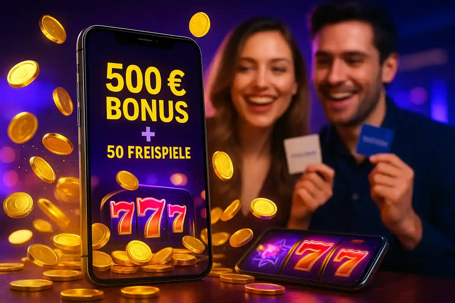Glückliches Paar mit Smartphones zeigt 500€ Bonus und 50 Freispiele mit fliegenden Münzen bei BassBet Casino