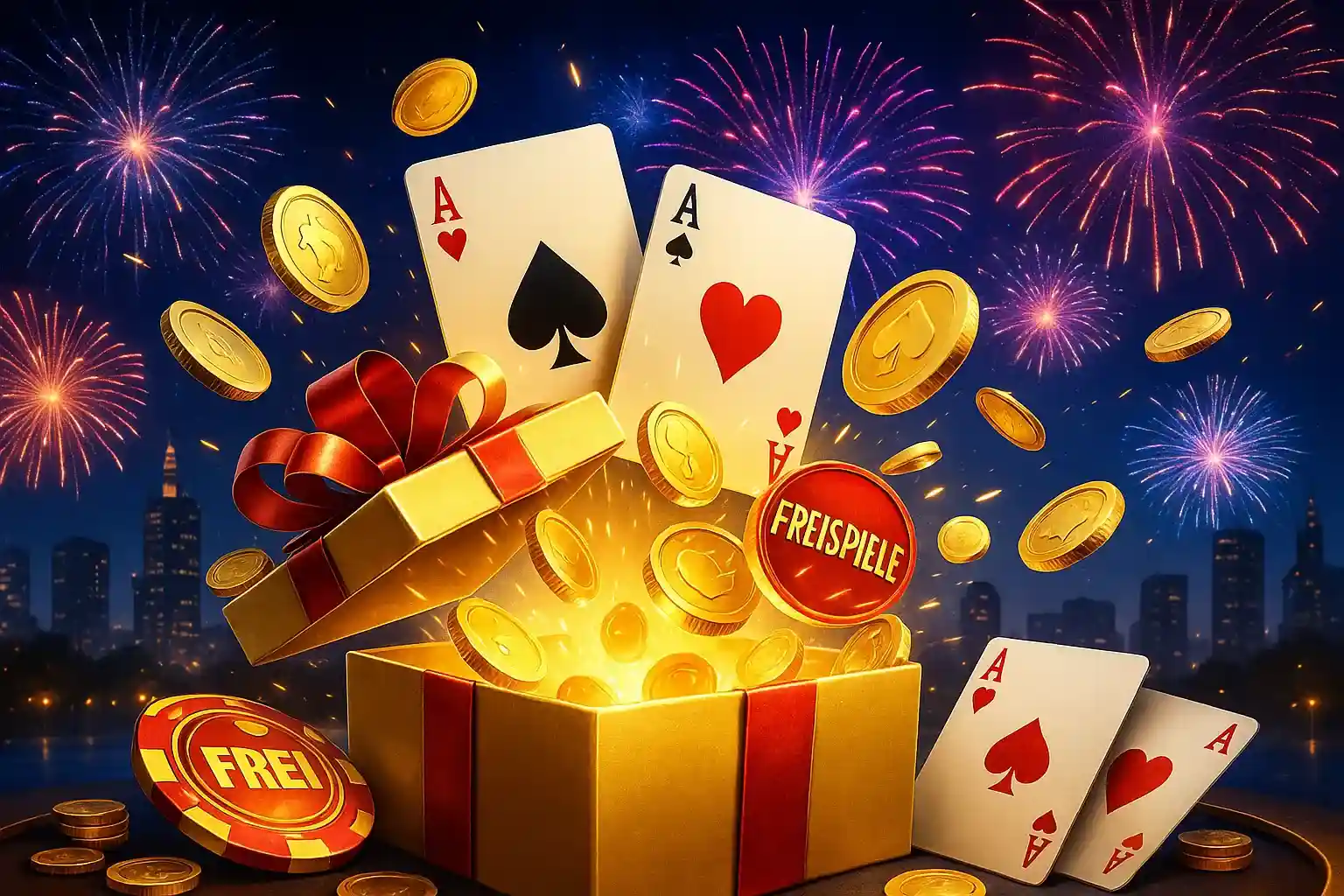 Goldene Geschenkbox mit Ass-Karten, Freispiele-Chips und Feuerwerk für BassBet Casino Boni