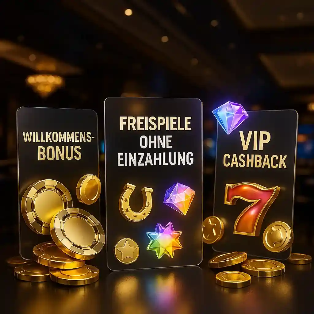Drei Bonus-Karten zeigen Willkommensbonus, Freispiele ohne Einzahlung und VIP Cashback bei BassBet