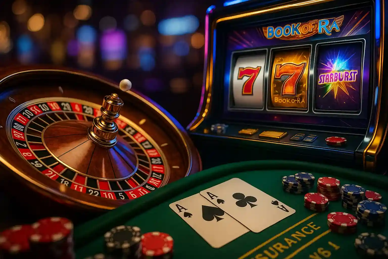 Casino-Ambiente mit Book of Ra Spielautomat, Roulette-Rad und Poker-Karten bei BassBet