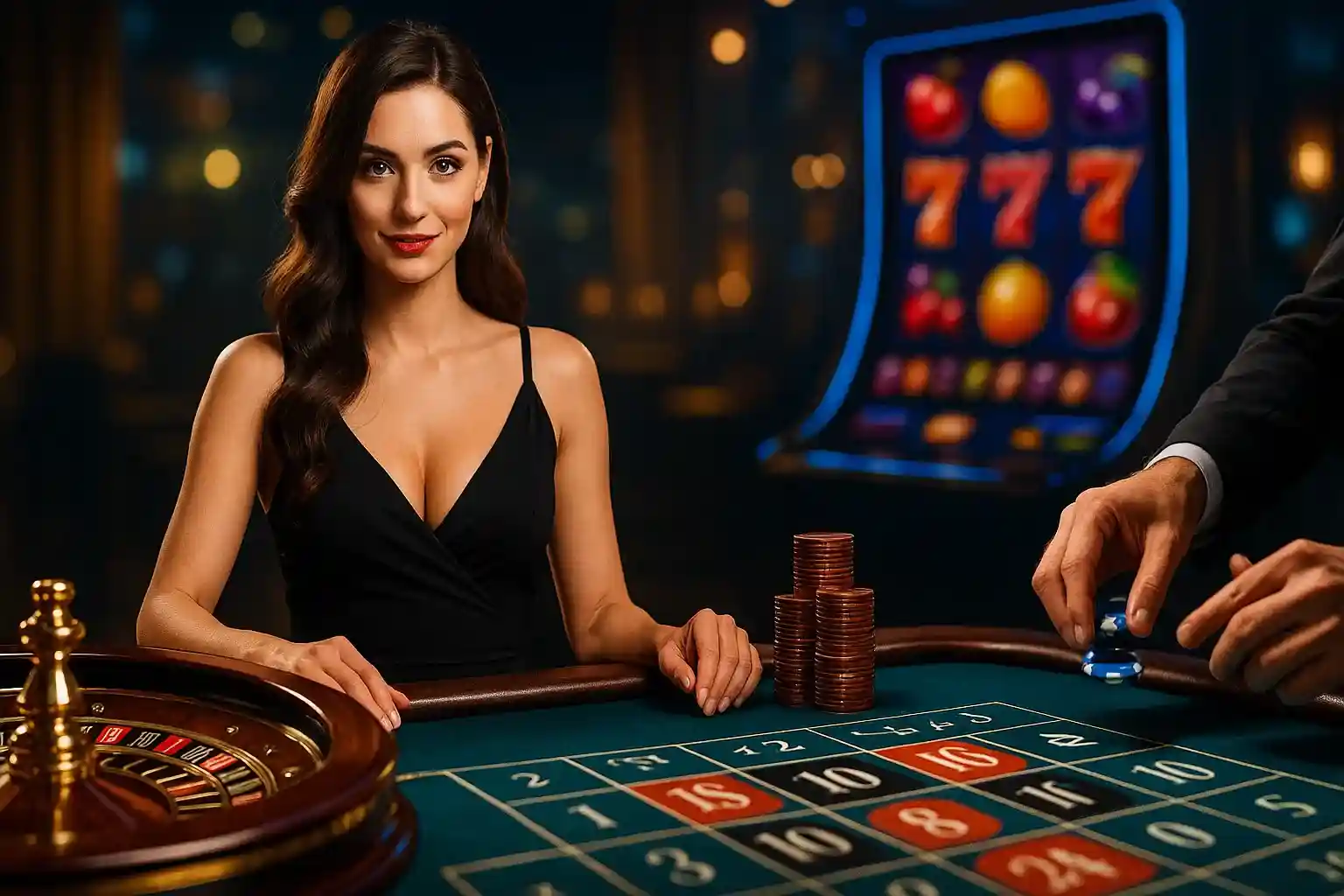 Professionelle Live-Casino-Dealerin am Roulette-Tisch mit Spielchips bei BassBet Live Casino
