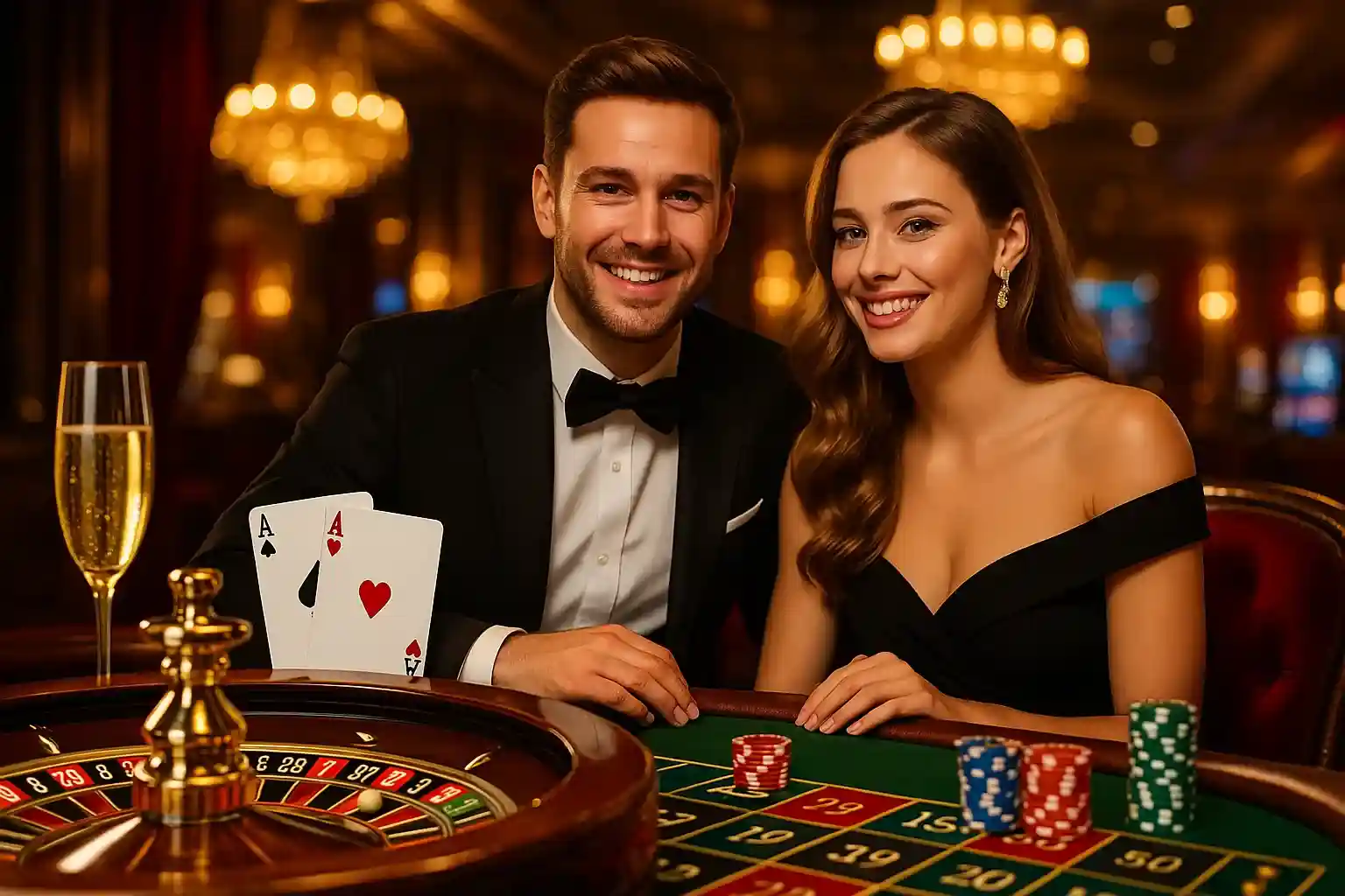Elegantes Paar in Abendgarderobe spielt Roulette und Blackjack im luxuriösen BassBet Casino