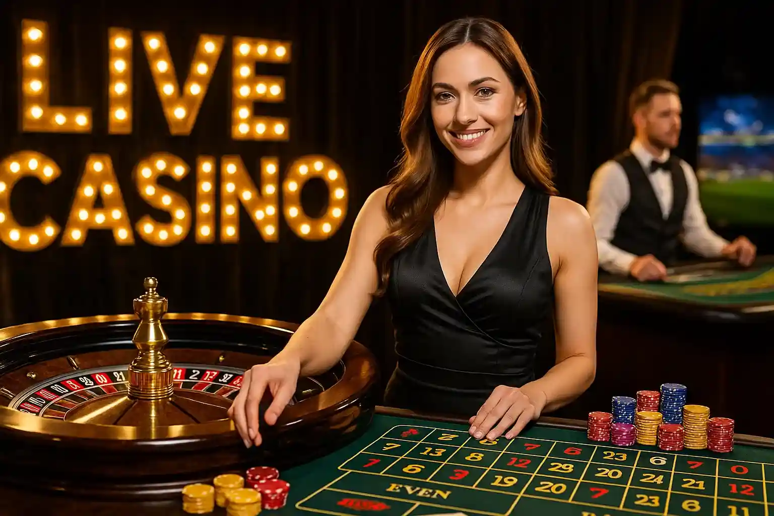 Elegante Frau am Roulette-Tisch mit LIVE CASINO Leuchtschrift und Spielchips bei BassBet