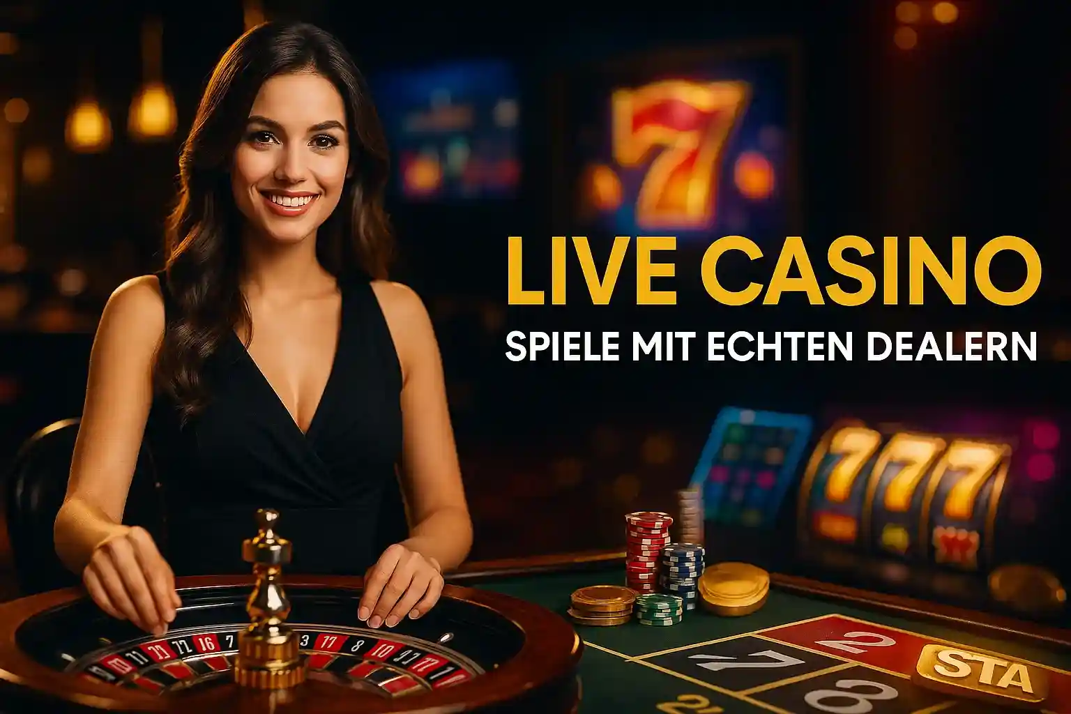 Professionelle Live-Casino-Dealerin am Roulette-Tisch mit Spiele mit echten Dealern Text bei BassBet