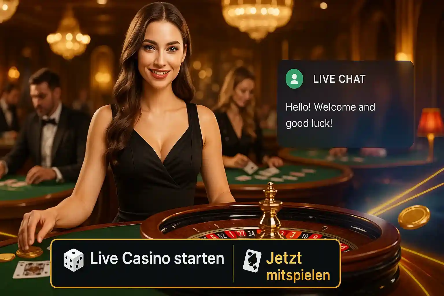 Lächelnde Casino-Dealerin mit Live Chat Interface Hello! Welcome and good luck! bei BassBet