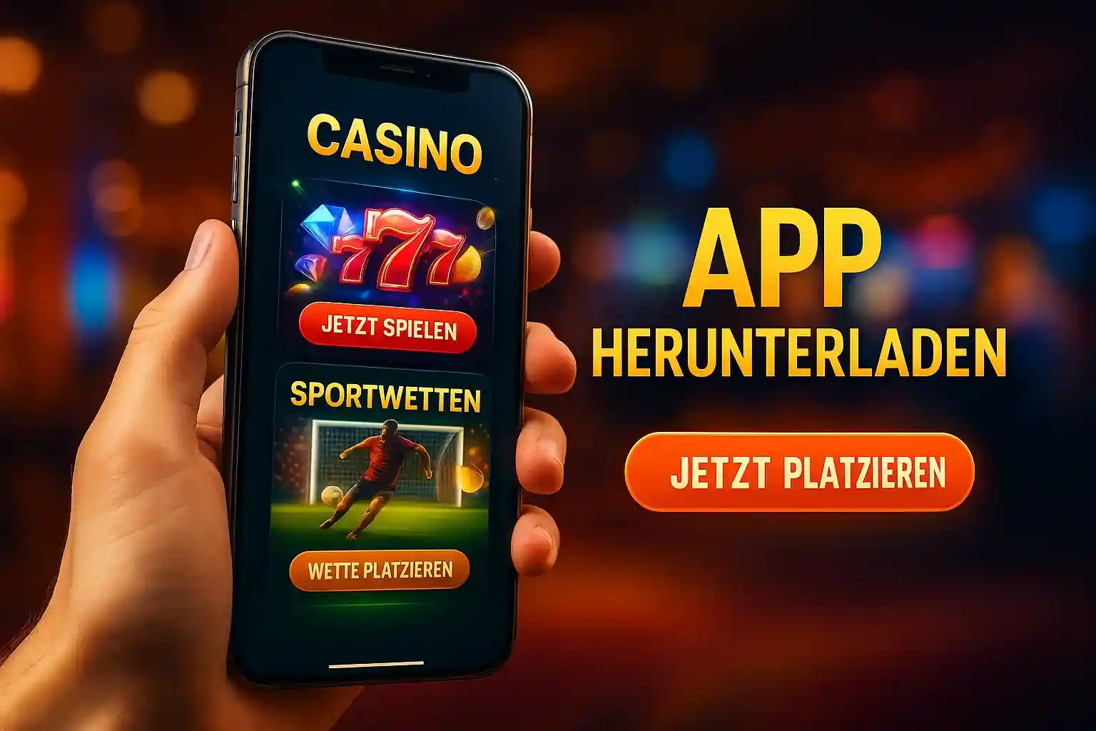 Hand zeigt Smartphone mit BassBet Casino und Sportwetten App Interface mit App herunterladen Button
