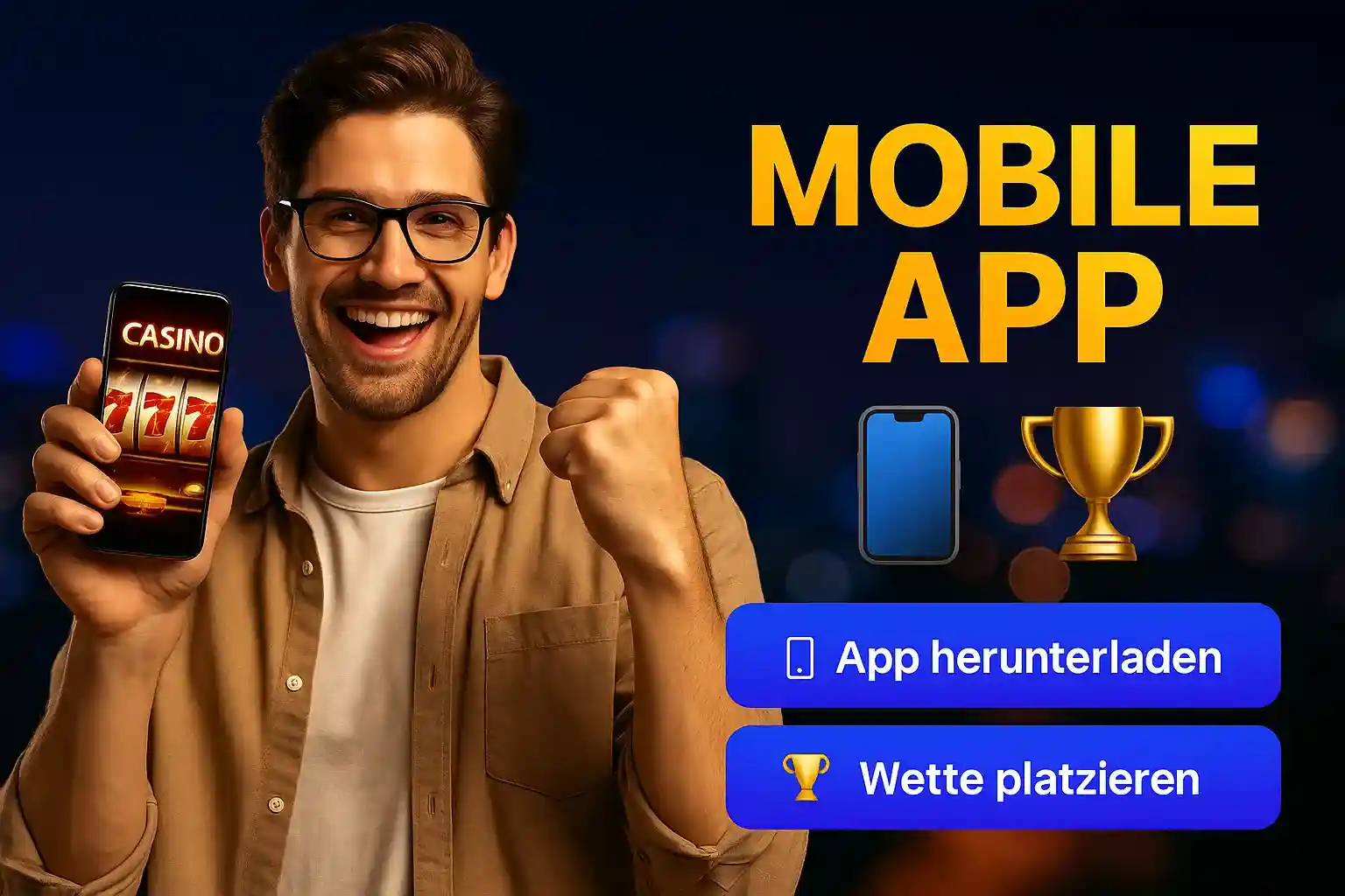Lächelnder Mann mit Brille hält Casino-Smartphone mit 777 Slots und zeigt Mobile App Download bei BassBet