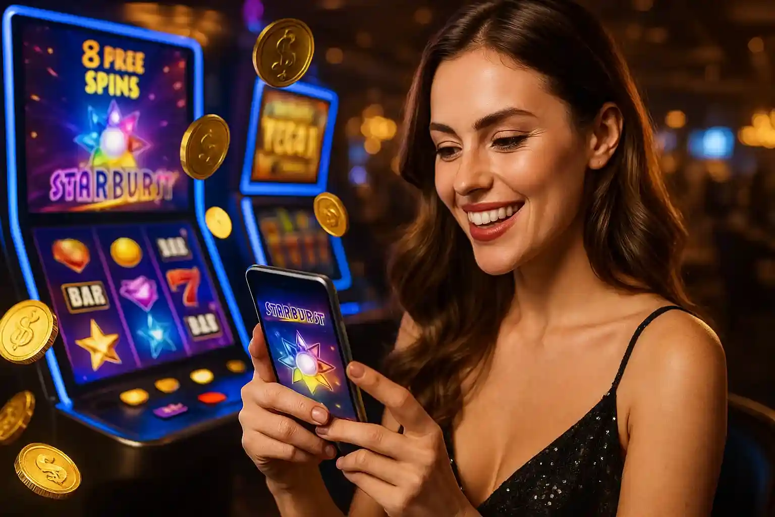 Glückliche Frau spielt Starburst Slot auf Smartphone mit fliegenden Münzen und Gewinnen bei BassBet