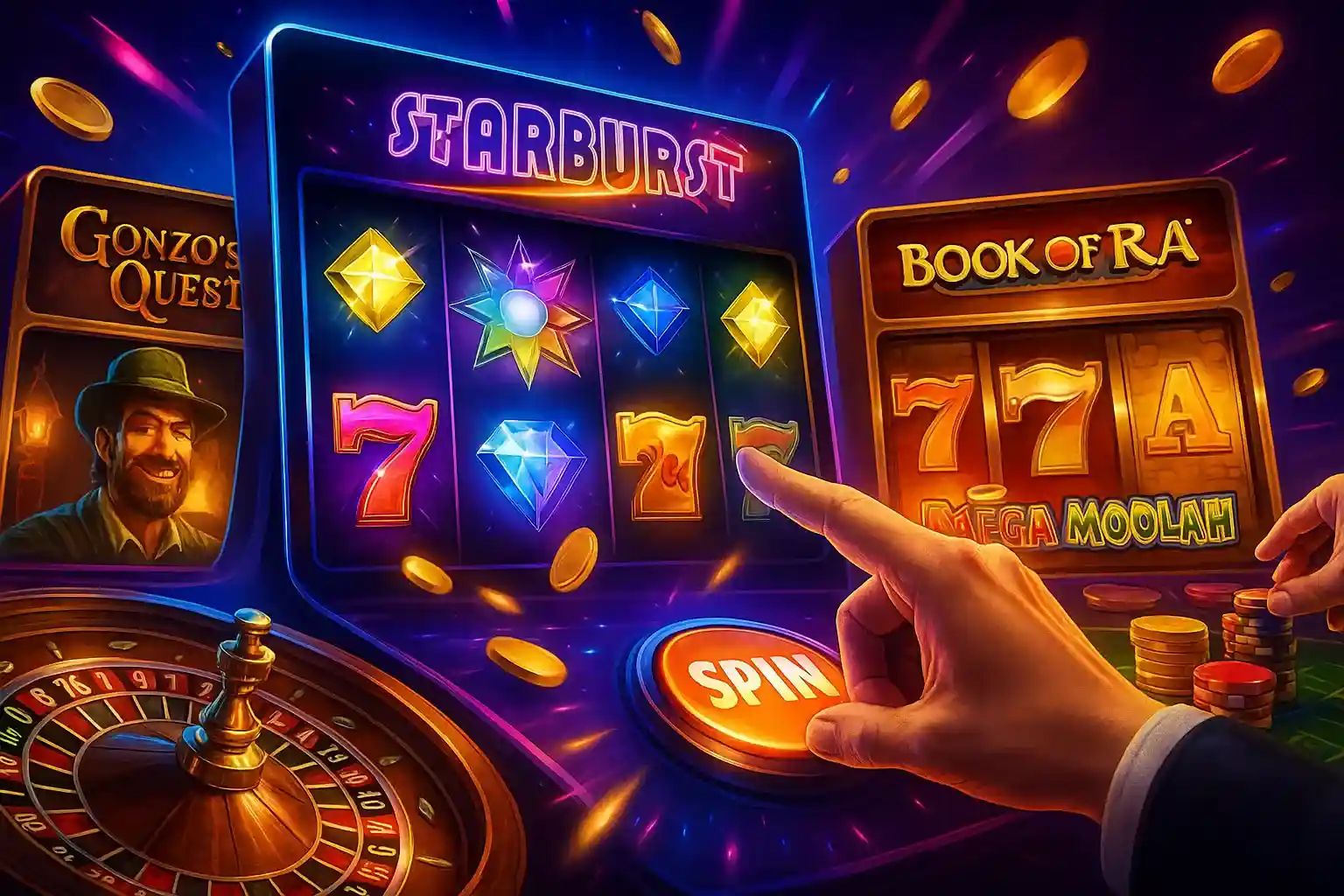 Hand drückt Spin-Button an Spielautomaten mit Starburst, Gonzo's Quest und Book of Ra bei BassBet