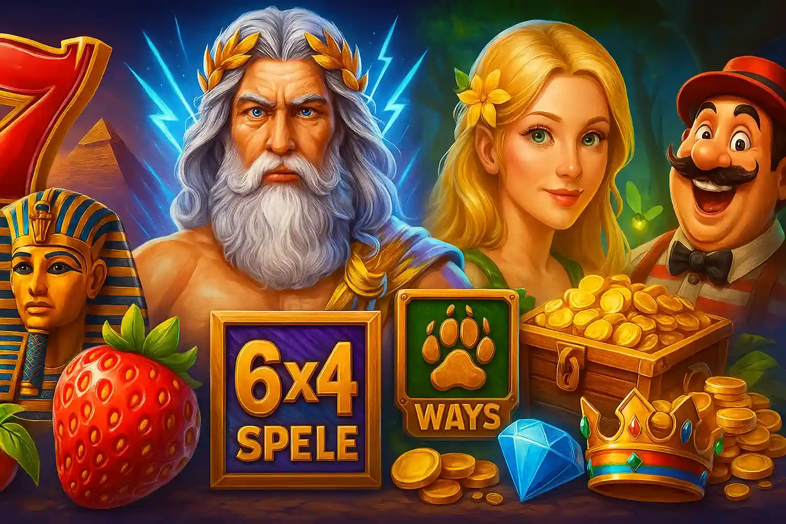 Mythologische Spielcharaktere von Zeus, Pharao und blonde Göttin mit 6x4 Walzen bei BassBet Slots