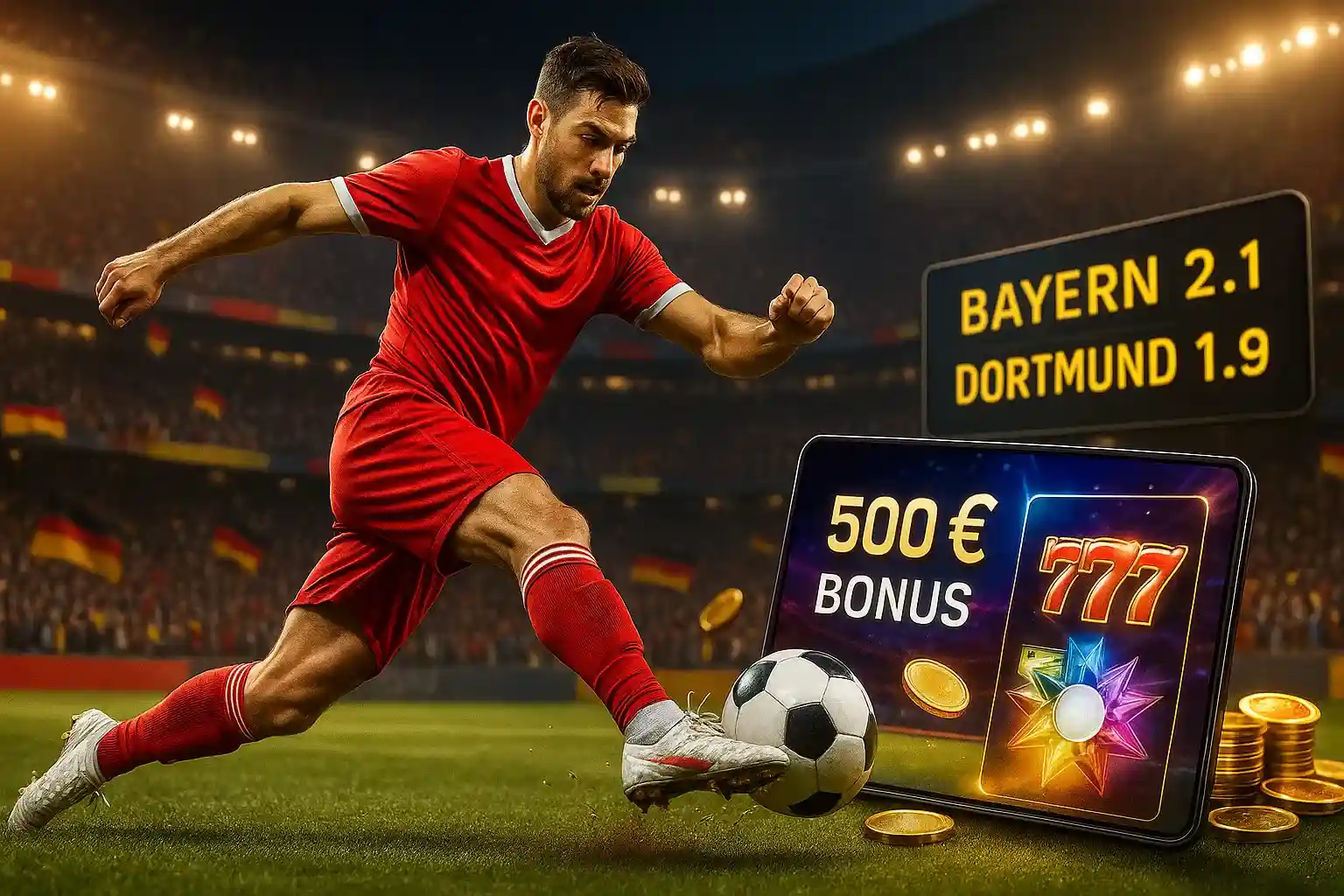 Fußballspieler im roten Trikot mit Bayern vs Dortmund Quoten und 500€ Bonus bei BassBet Sportwetten