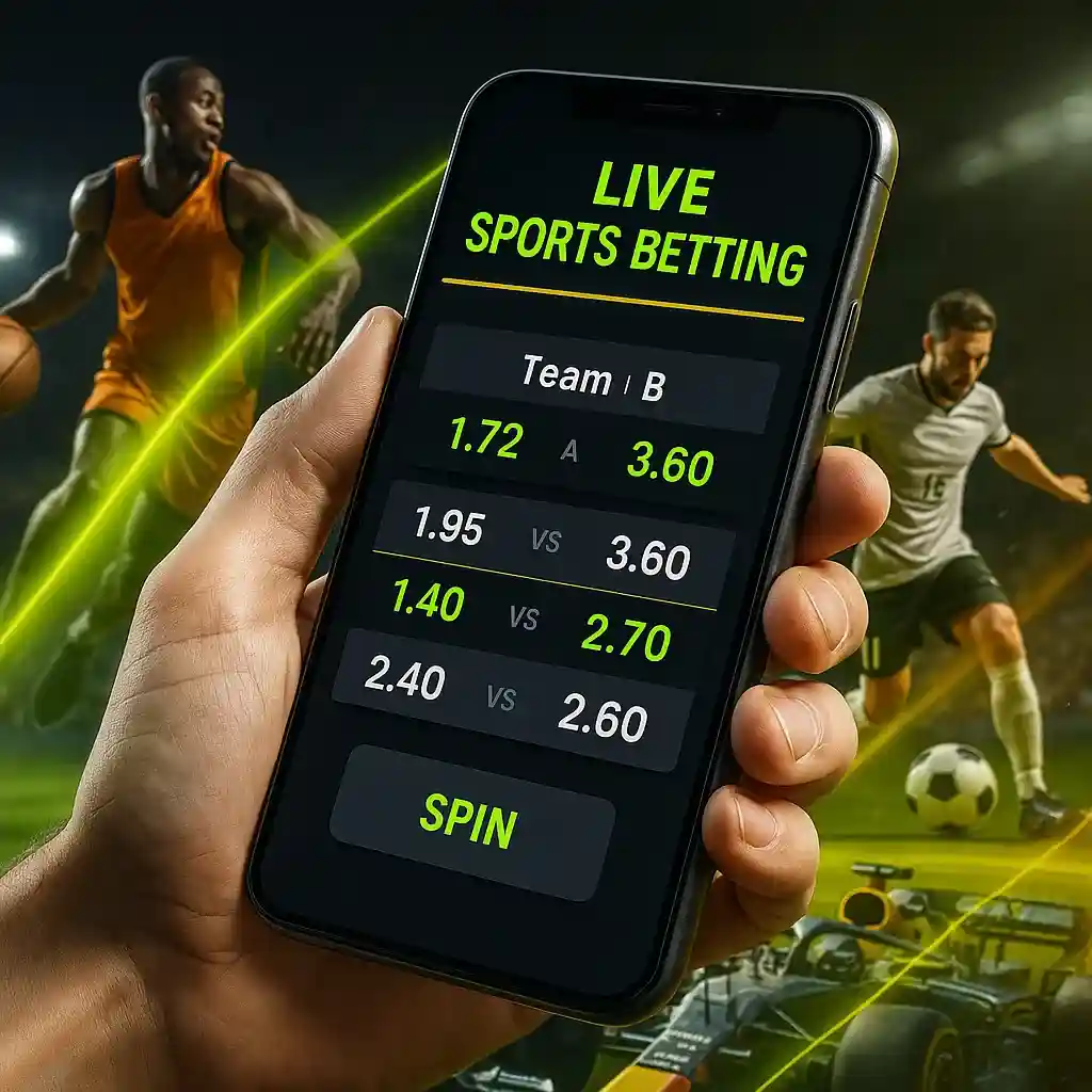 Hand hält Smartphone mit Live Sports Betting App und Wettquoten während Fußballspiel bei BassBet