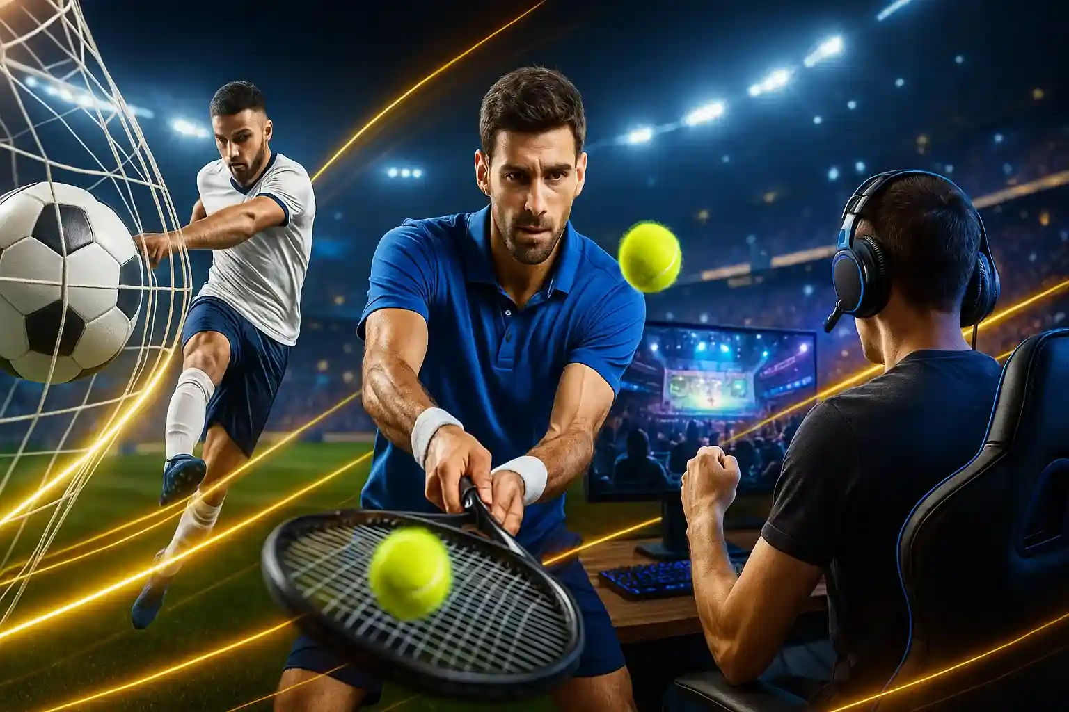 Fußballspieler, Tennisspieler und Esports-Gamer repräsentieren vielfältige Sportwetten bei BassBet