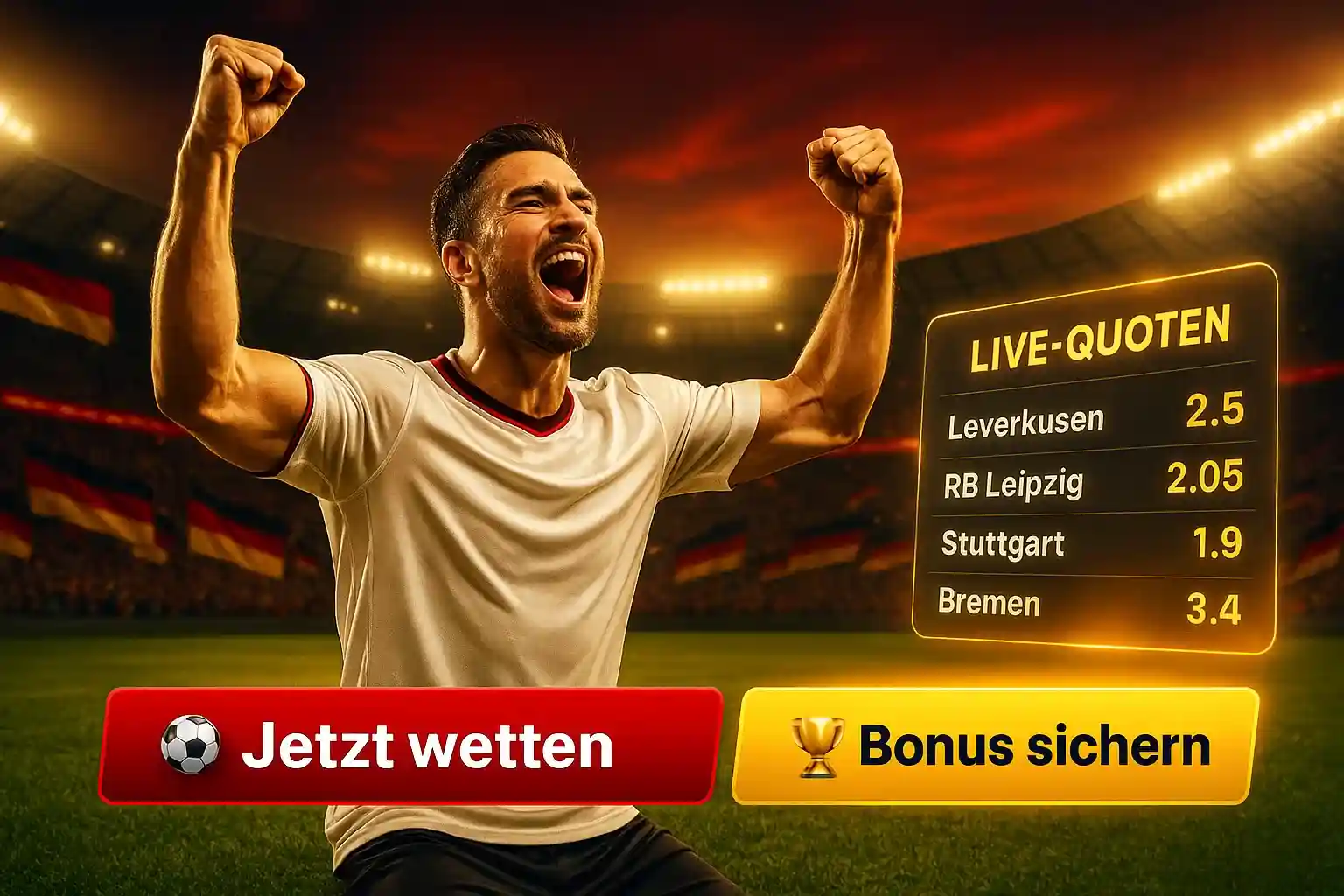 Jubelnder Fußballspieler im Stadion mit Live-Quoten für Bundesliga-Wetten bei BassBet Deutschland