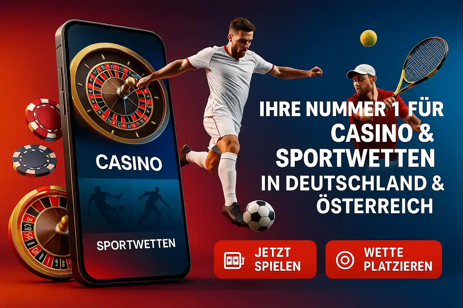 Mobile Casino und Sportwetten App mit Roulette-Rad, Fußball- und Tennisspieler bei BassBet Deutschland und Österreich