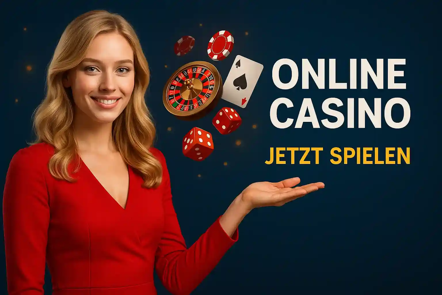Lächelnde blonde Frau in rotem Kleid präsentiert Online Casino Spiele mit Roulette, Karten und Würfeln bei BassBet